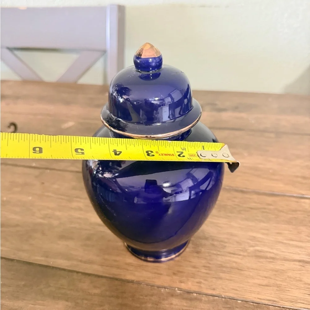 Vintage Cobalt Blue Porcelain Ginger Jar Hand Painted Gold Trim Floral Bird Deco